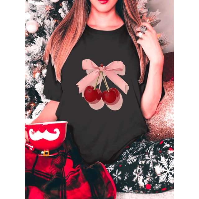 Cozy Valentine's Day T-Shirt for Women - Black with Pink Bow & Cherry Design, Crew Neck, Short Sleeve, Perfect for Spring/Autumn Tee For Adult, Men, Women, Teen, Teenager, Adolescent, Youth