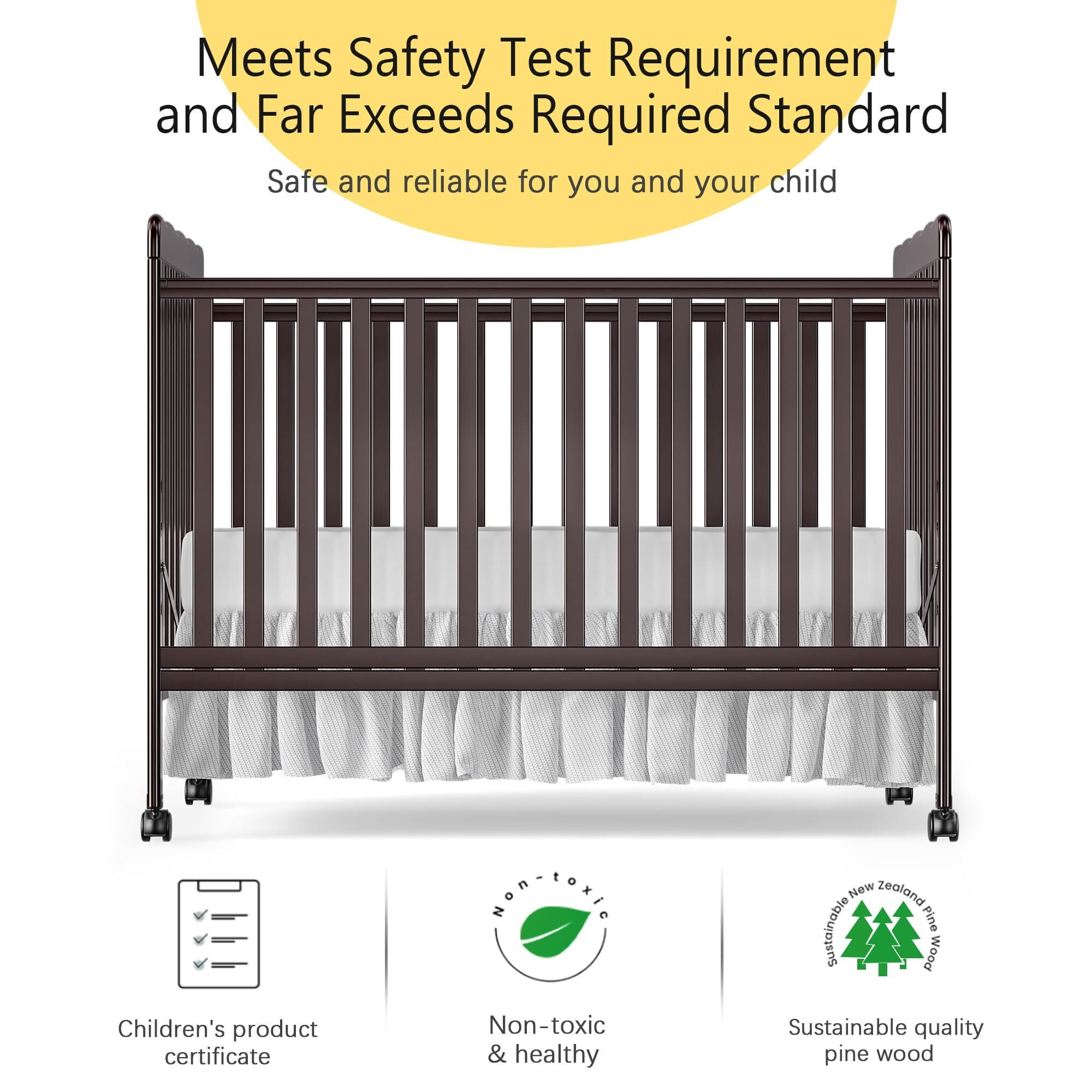Baby Convertible Crib 3 In 1, Converts from Baby Crib to Toddler Bed, New Zealand Pinewood Baby Bed with Locking Wheels and Teething Rail, Crib with 4 Height Adjustment and Non Toxic Finish, Espresso