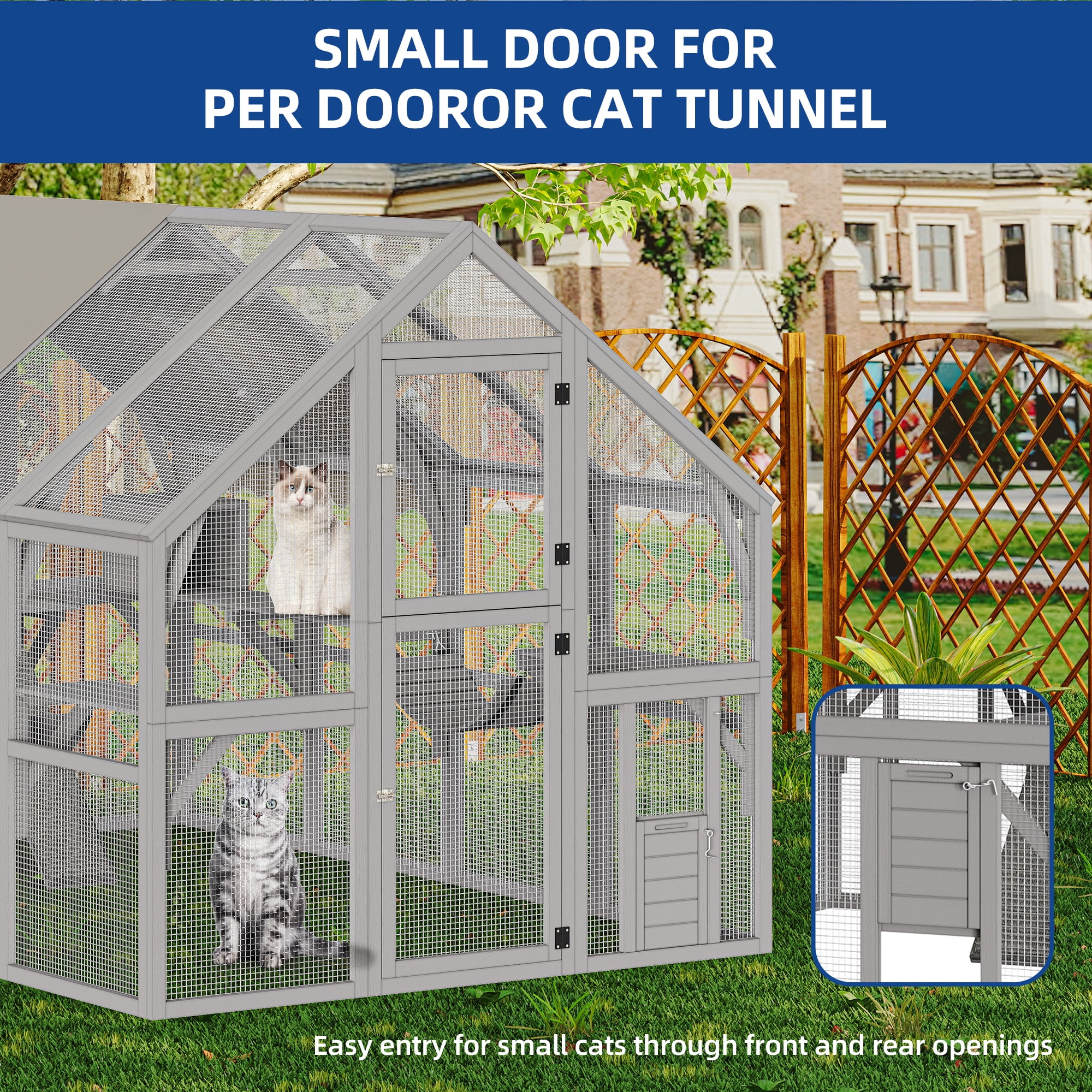 Uforic 110" Catio Outdoor Cat Enclosure Large Wooden Cat House with with Weatherproof Roof, Cat Scratcher Ramp, Space Capsule Bed, 2 Bridges, 2 Resting Houses, 7 Platforms for Multiple Cats