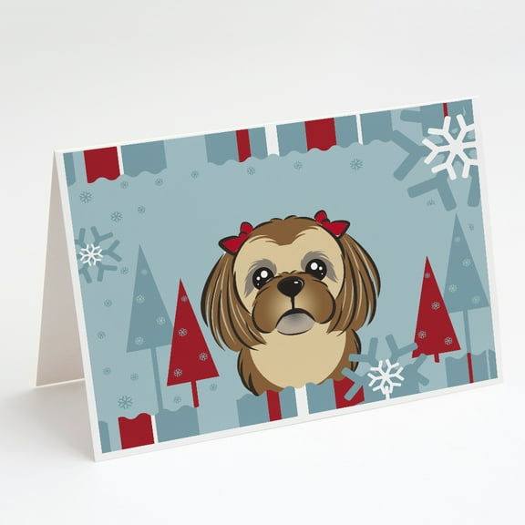 Winter Holiday Chocolate Brown Shih Tzu Greeting Cards and Envelopes Pack of 8