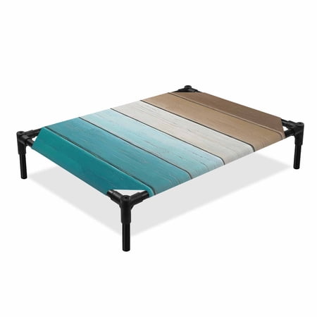 Green Brown Elevated Dog Bed Gradient Wood Grain Farmhouse Retro Striped Cooling Breathable Outdoor Raised Dog Cot Bed with Metal Frame Non-Slip Feet for Medium Dog 24x20in