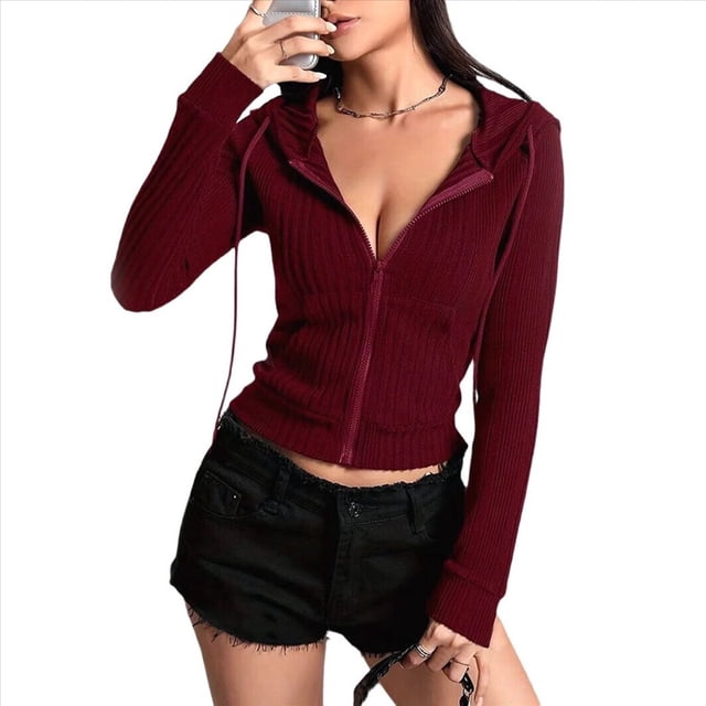 Chaqueta Corta Ligera Informal con Capucha, Cremallera y Cordón de Larga para Mujer Vino Tinto M