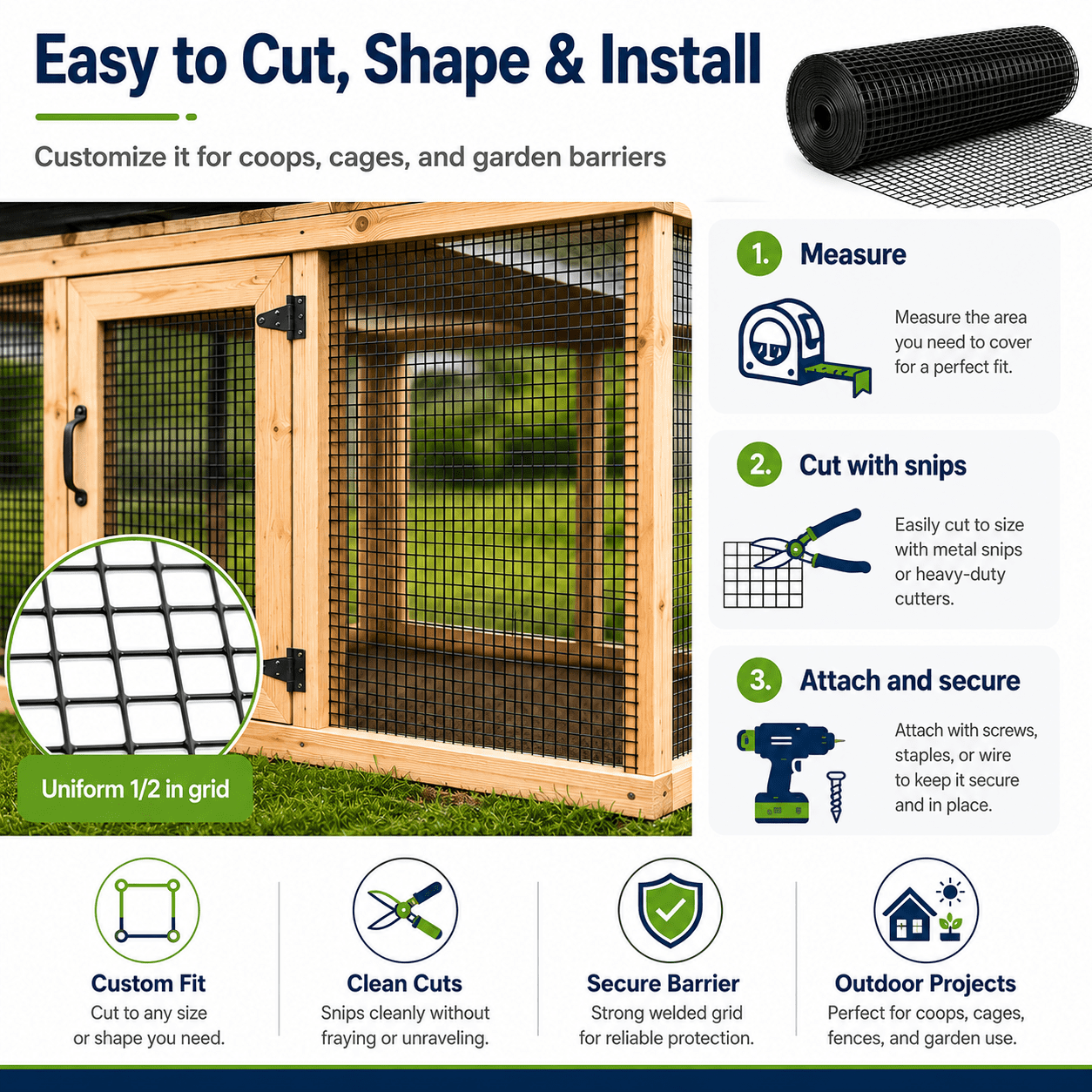 Yeslife 48 in. x 100 ft Hardware Cloth, 1/2 in. Mesh, Black Vinyl-Coated Galvanized Steel Wire Fence Roll, Welded Wire Mesh for Chicken Coops, Rabbit Cages, Gardens, and Small Animal Fencing