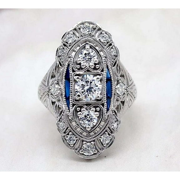 Retro Edwardian Diamond Engagement Ring, Navette Style Diamond Ring, Open Work Filigree Ring, Antique Milgrain Ring, Three Stone Ring, 14K White Gold Plated, 2.3 Ct Simulated Diamond