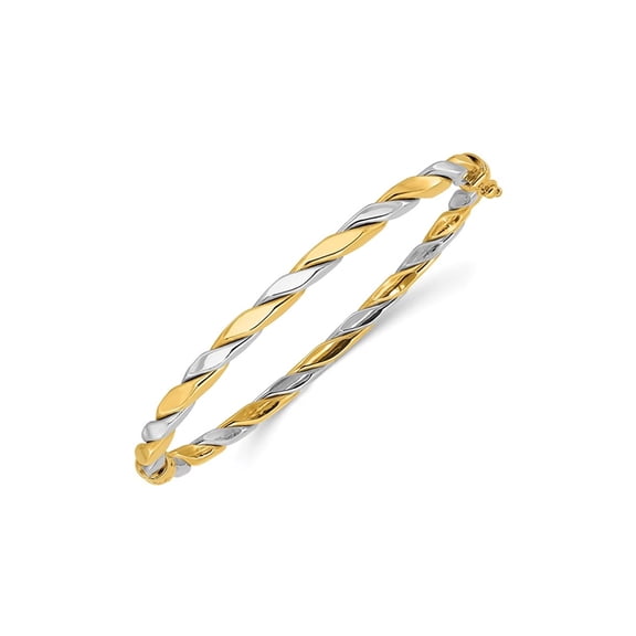14K Yellow and White Gold Polished Twisted Hinged Bracelet Bangle