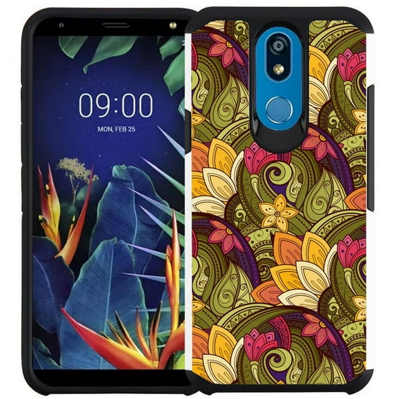 LG K40 / LG Solo 4G LTE / LG K12 Plus Phone Case - Colorful Design Hybrid Armor Case Shockproof Dual Layer Protective Phone Cover - Gold and Purple Floral
