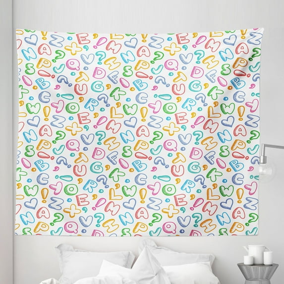 Alphabet Tapestry, Letters in Fun Colors Scribble Style ABC Hearts Comics Art, Fabric Wall Hanging Decor for Bedroom Living Room Dorm, 5 Sizes, Multicolor, by Ambesonne