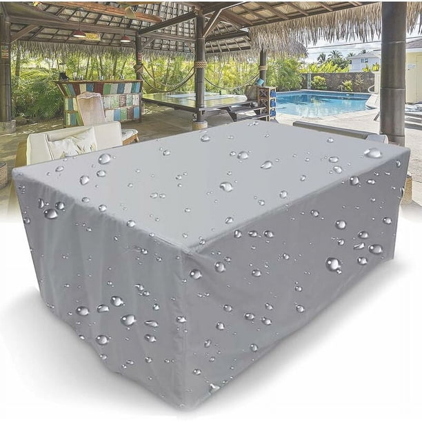 Funda para muebles de jardín, 210D, rectangular, resistente al agua, con cordón, para muebles de jardín, mesa de patio, cubierta para muebles, color plateado, 242 x 162 x 100 cm JAMW Sencillez