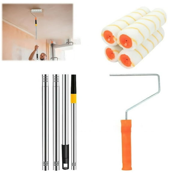 9 Inch Paint Roller With Stainless Steel Telescopic Handle Professional Wall Painting Roller Brush Set Detachable Long Pole For Ceiling And Walls White/Orange
