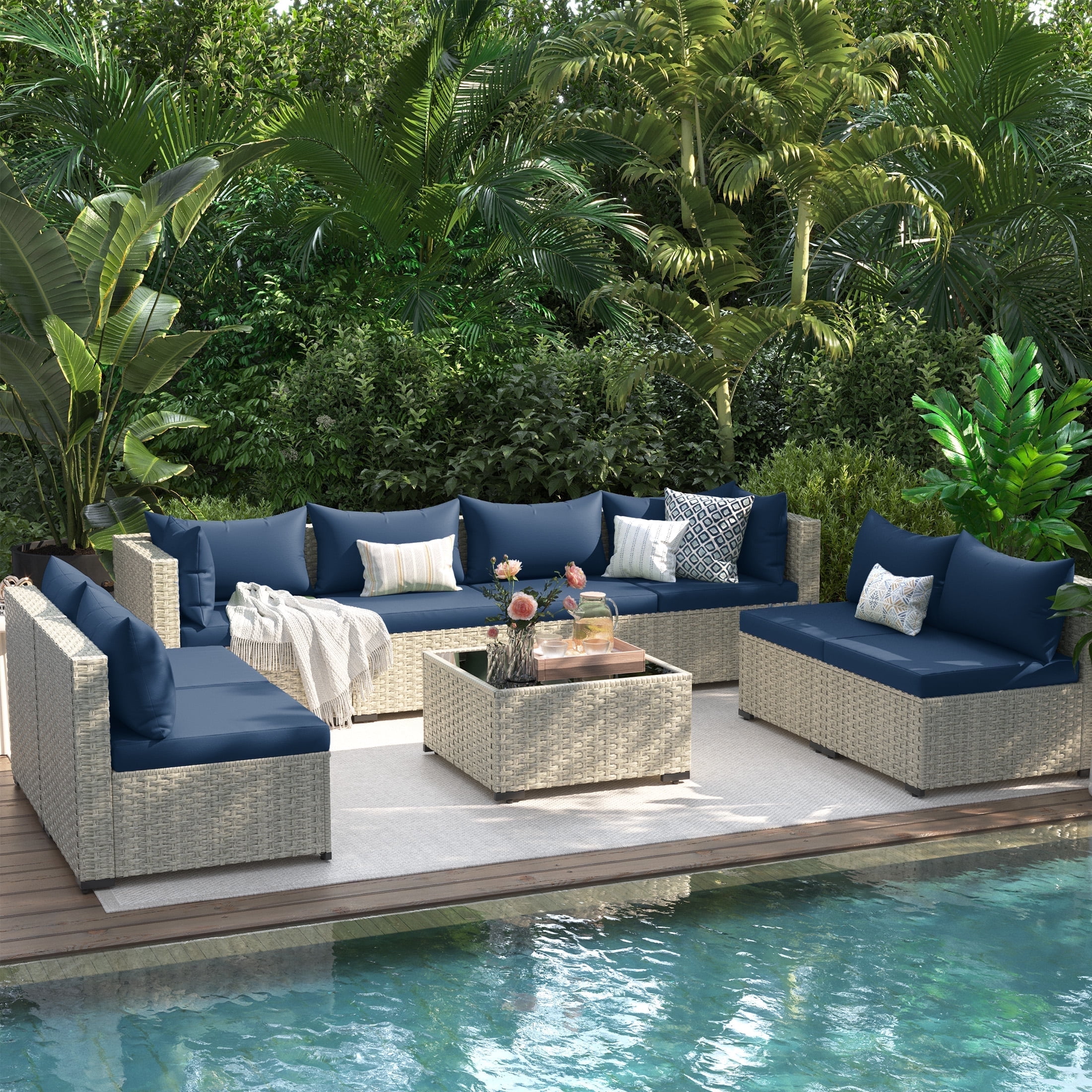 UDPATIO 9 Pieces Outdoor Patio Furniture Set, Outdoor Wicker Patio Conversation Set with Cushions for Backyard, Porch, Garden(Navy)