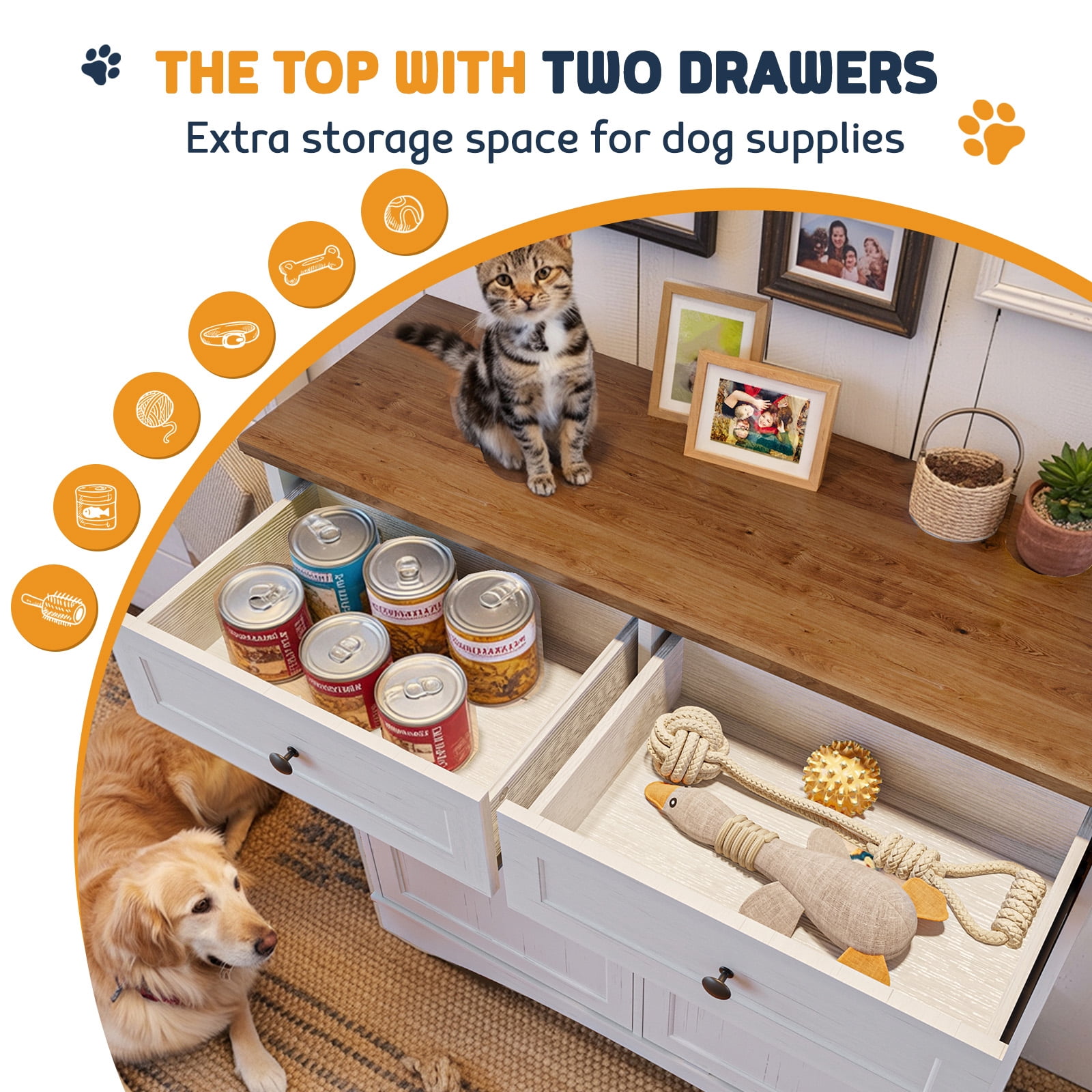 Double Tilt Out Trash Can Cabinet with Dog Bowl, 10 Gallons Dog Food Storage Cabinet, Hidden Trash Can Cabinet with Hideaway Drawer for Kitchen, Living Room (White, Double Door)