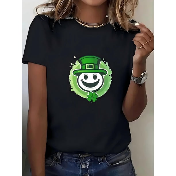 The St. Patrick'S Day Cartoon Green Clover &Smiling Face Print T-shirt, Casual Crew Neck Short Sleeve Top for Spring & Summer, Women'S Clothing