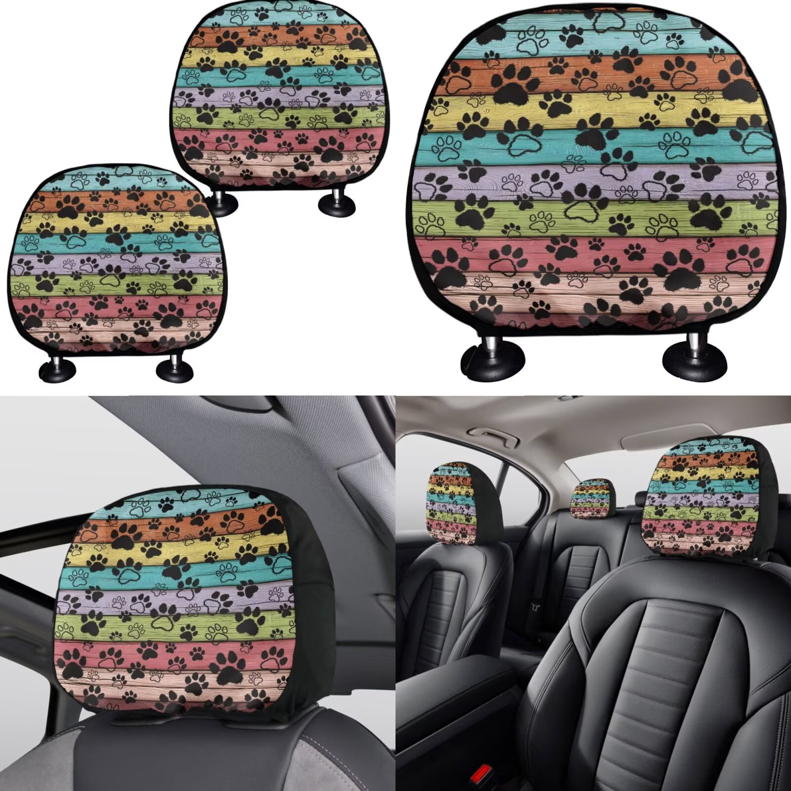 Garronmavis Car Seat Cover Full Set of 11pcs with Headrest Protector Lanyards Key Chain Cup Pad Gear Shift Knob & Handbrake Sleeve Automotive Seat Cover Accessories Colorful Plank Dog Paws