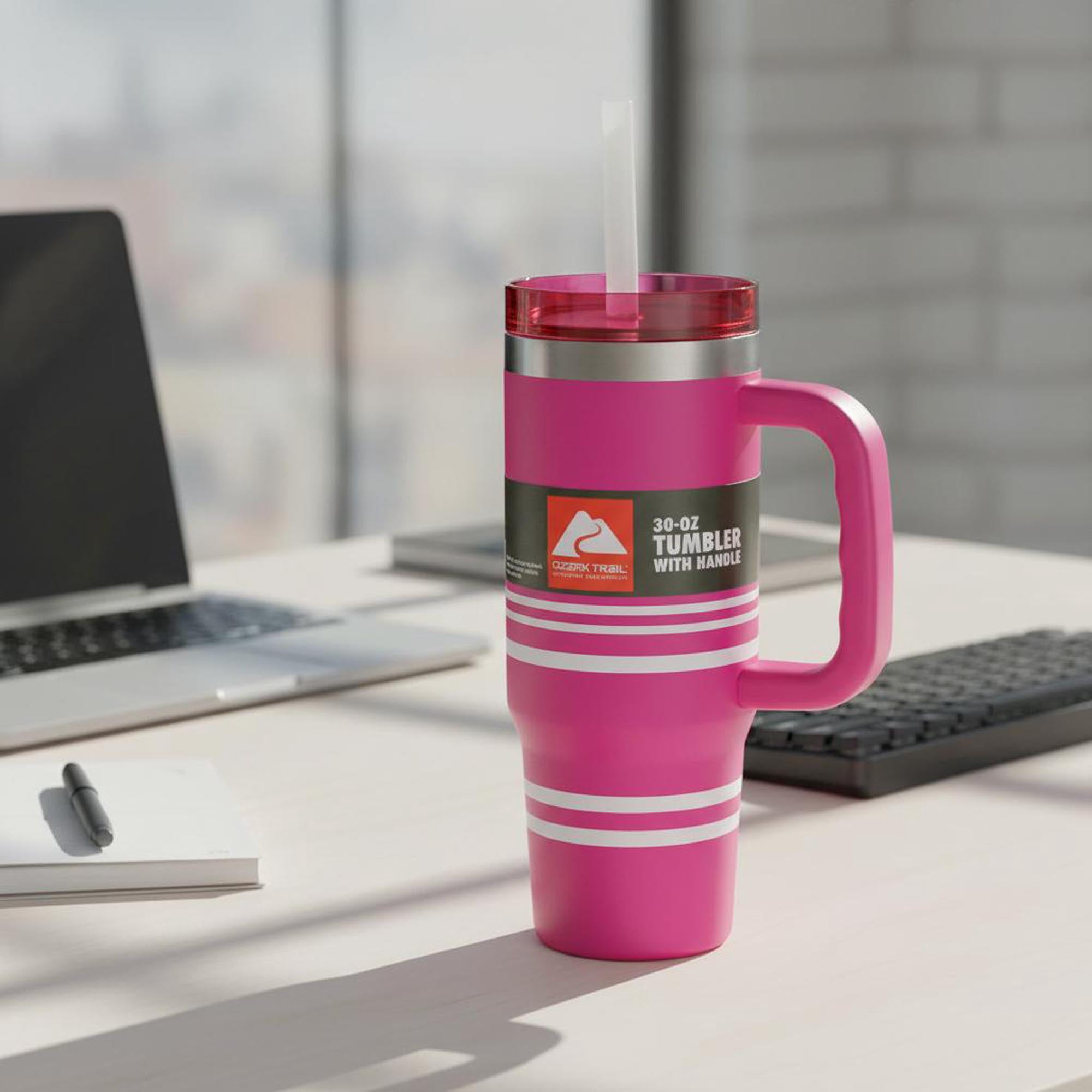 Ozark Trail 30 oz Stainless Steel Insulated Tumbler with Handle, Stripe Fuschia Burst