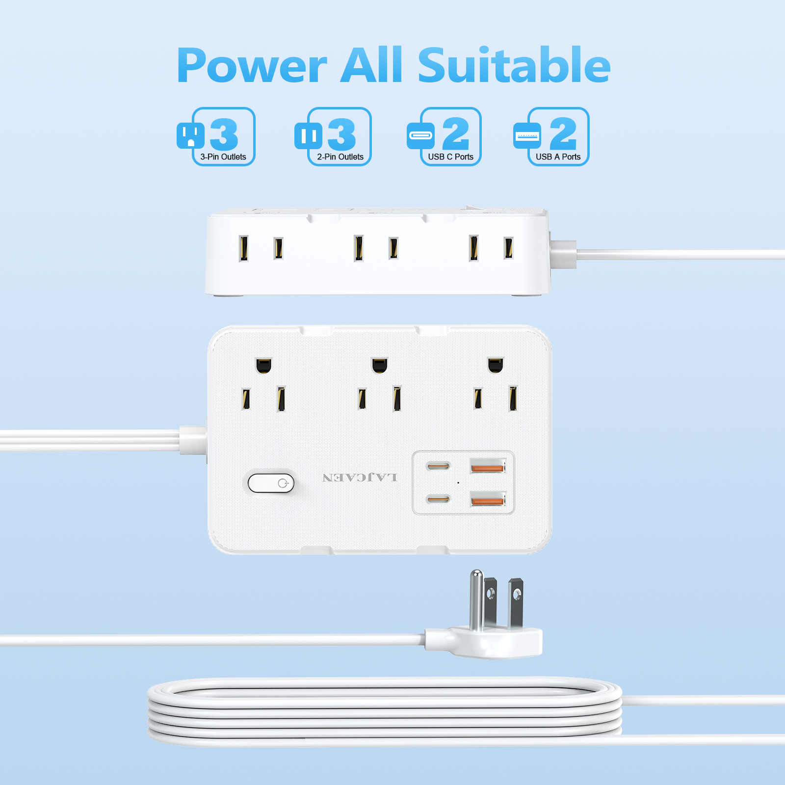 LAJCAEN 5-Foot Power Strip with 6 Outlets and 4 USB Ports photo 2