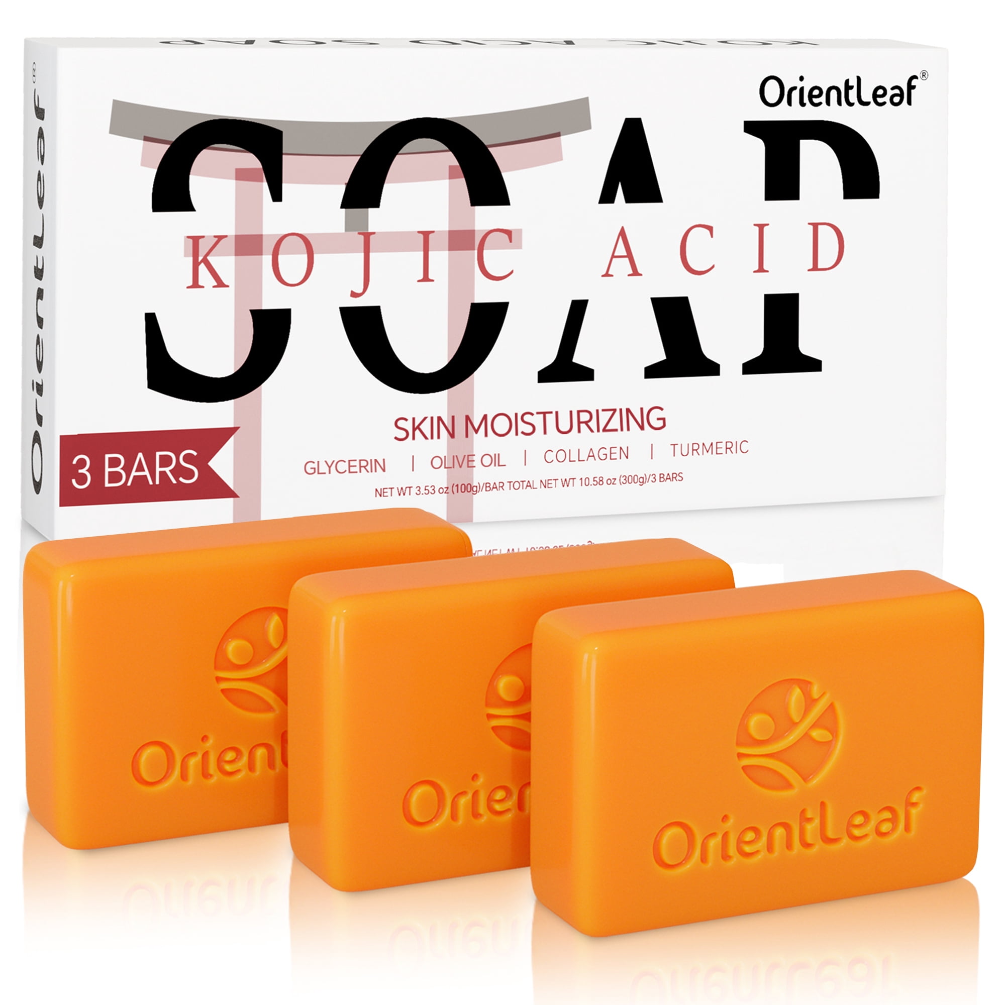 OrientLeaf Kojic Acid Soap for Face & Body, Handmade Turmeric Soap Bars with Glycerin, Shea Butter, and Olive Oil, 100g × 3 Bars (10.58 oz)
