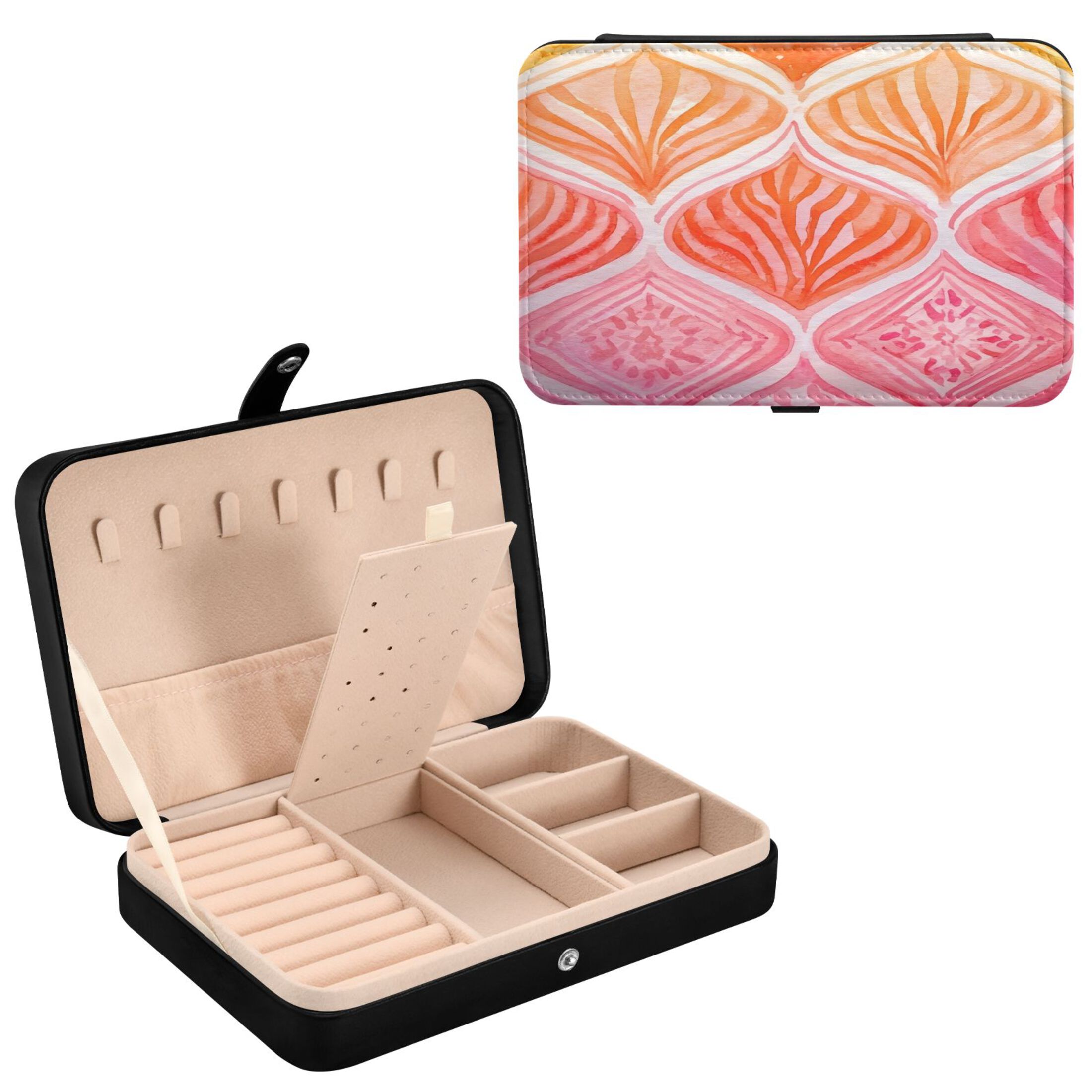 Leather Jewelry Box Rectangular 8.27x5.5x1.78In Travel Jewelry Storage Earrings Necklace Bracelet Watch Brooch Storage Red Pattern