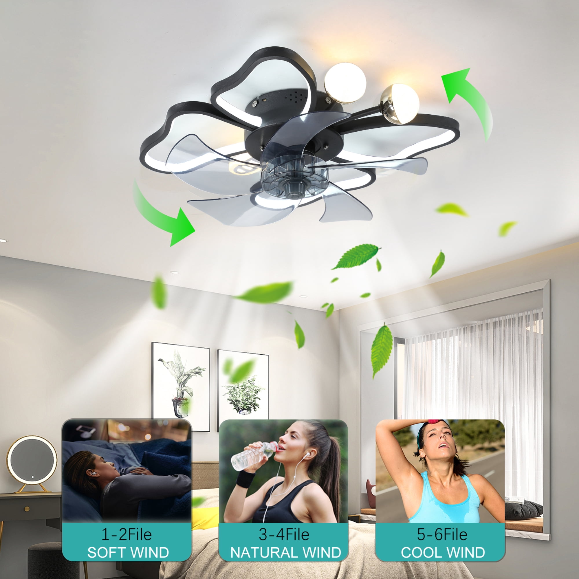 Leumius 19.7 Inch Ceiling Fan with Lights Remote Control with Modern Butterfly Design Styling, Quiet Fan for Bedroom Living Room Kids Room Black