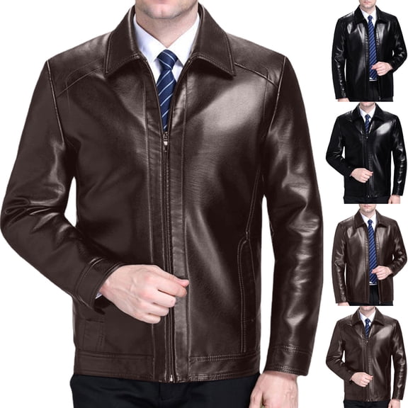 Kalauyu Mens Stand Collar Full Zip Faux Leather Jacket Long Sleeve Casual Daily Lightweight Solid Color Business Outerwear Coat