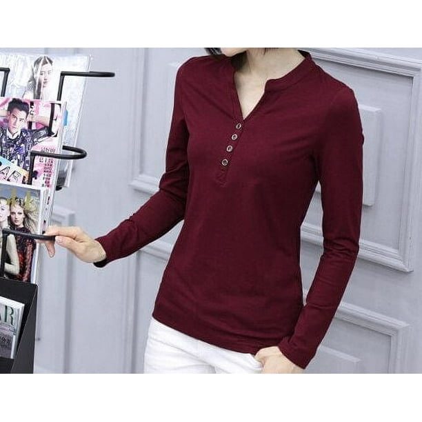 V-neck Long Sleeve Blouse: Solid Casual Fashion Tops, Stand Collar, Large  Female Cotton Shirt for Women 