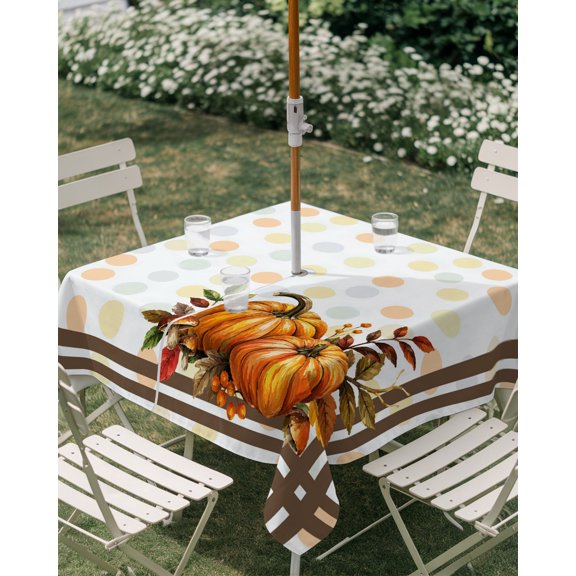 Outdoor Tablecloth with Umbrella Hole, Thanksgiving Pumpkin Leaves Zippered Table Cloth for Rectangle Tables, Colorful Polka Dot Minimalist Line Waterproof Tablecloths for Picnic Patio Garden