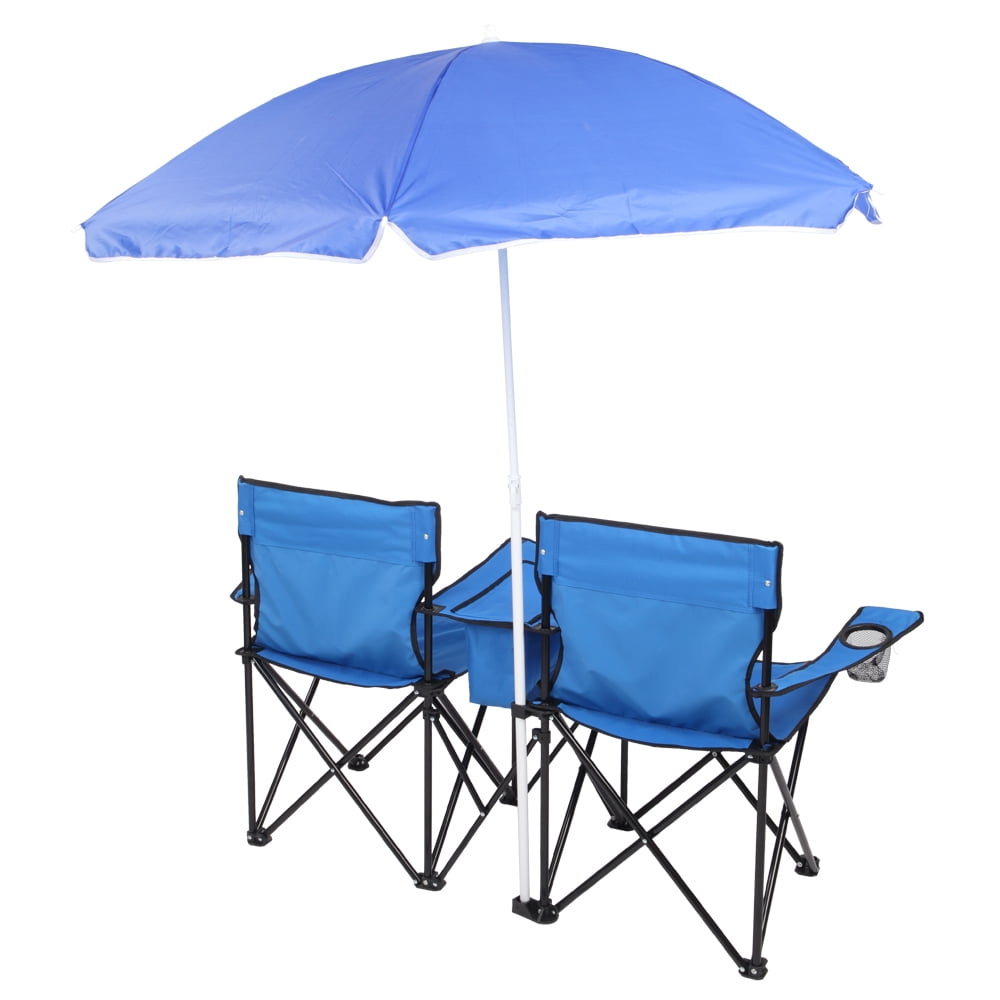 2-Seat Outdoor Folding Chair with Removable Sun Umbrella, Blue