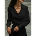 thumbnail image 4 of Women'S Elegant Satin Silk Blouse Cowl Neck Ruched Front Draped Long Sleeve Work Office Shirt Top Black L, 4 of 6