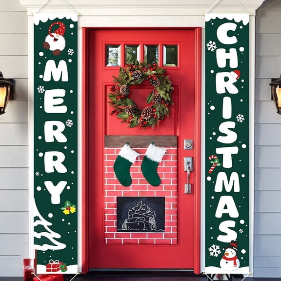 Christmas Porch Sign Set Green Banners, Xmas Hanging Decorations for Home Outdoor Indoor Wall Front Door Decor