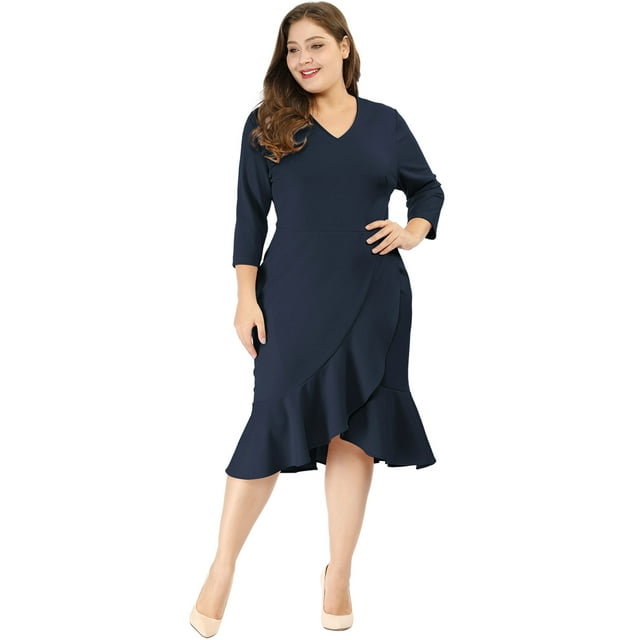 GRACE & GRANDEUR Robe Midi de Cocktail Portefeuille Unie à Col en V pour Femme Grande Taille