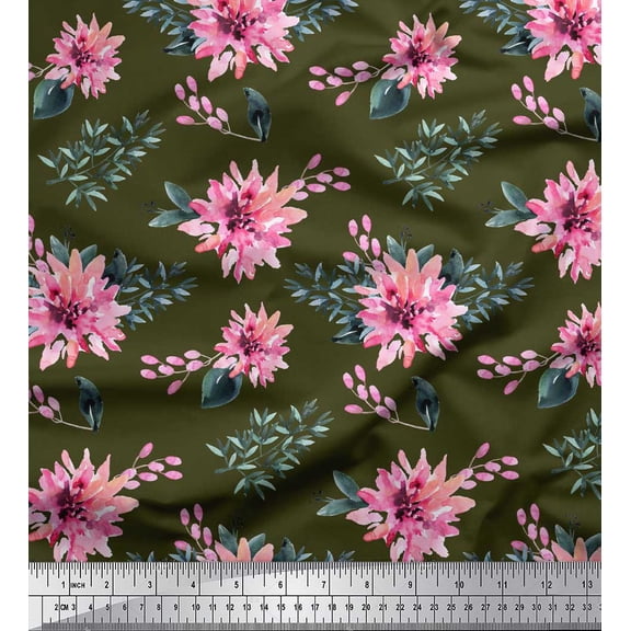Soimoi Green Silk Fabric Leaves & Chrysanthemum Floral Print Sewing Fabric Yard 42 Inch Wide