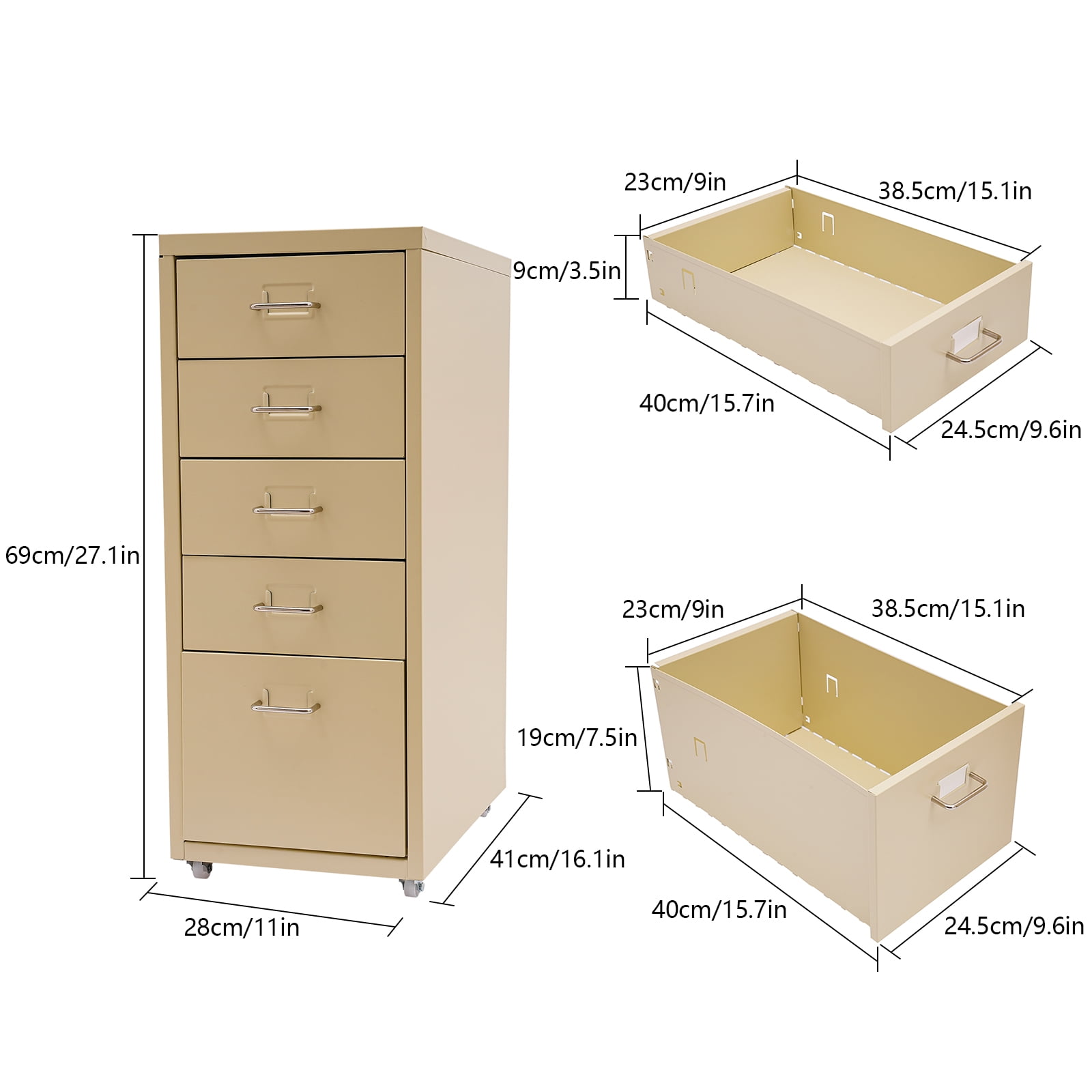 Fichiouy Metal File Storage Cabinet with Rubber Wheels 5-Drawer Storage Cabinet for Home Office 16" D x 11" W x 27" H