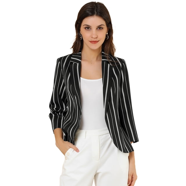 Blazer De Solapa Con Muescas Y Mangas 3/4 A Rayas Para Mujer Negro oscuro M