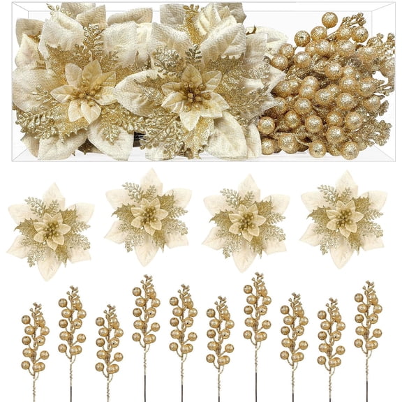 Katinyos 24 Pieces Gold Christmas Poinsettia Flower, Artificial Christmas Flowers Decorations with Stems, Xmas Artificial Glitter Berries Stems for Christmas Tree Ornament Party Decorations