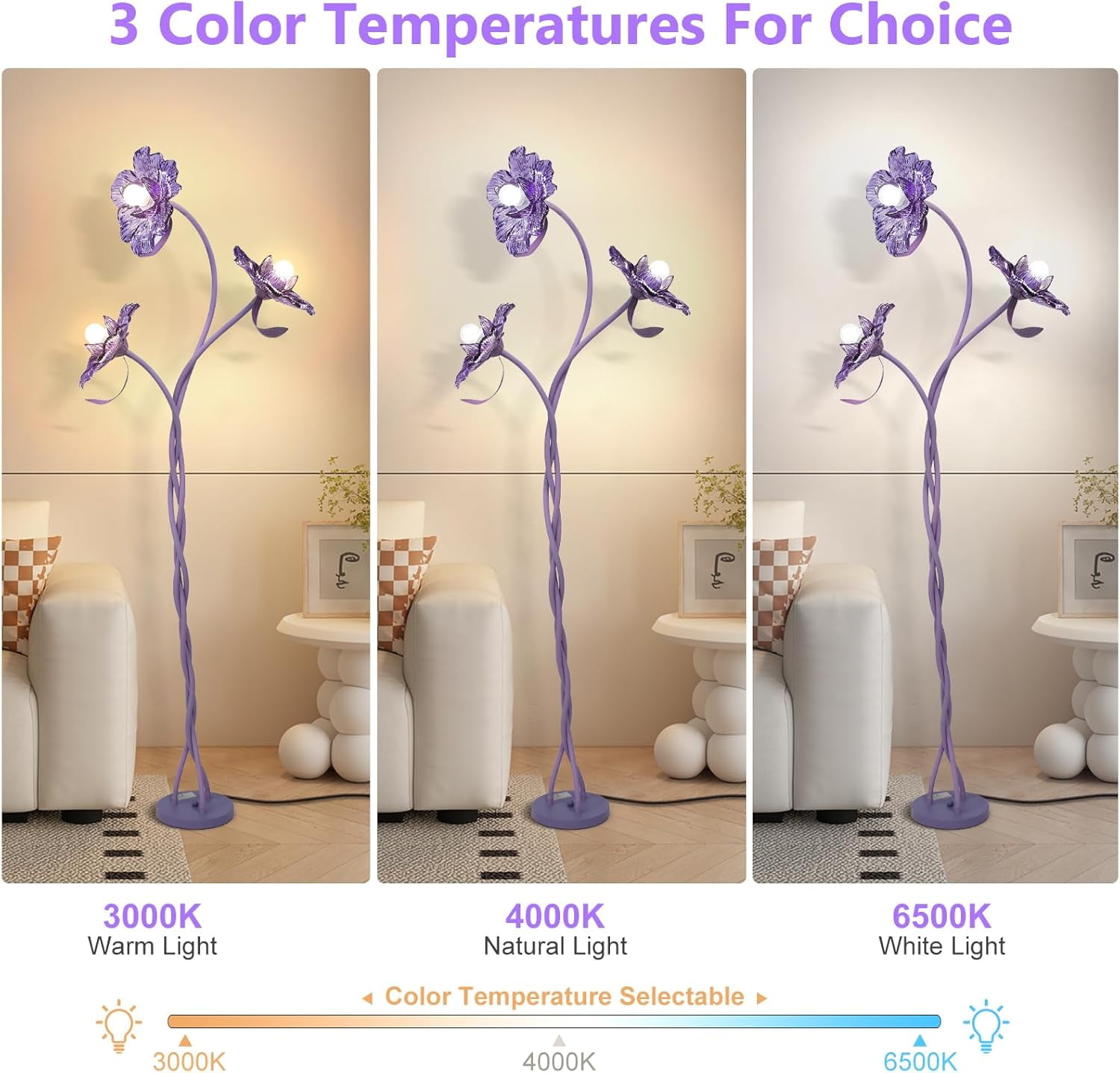 Vintage Flower Floor Lamp for Girls' Bedroom, Cute 3 Heads Floor Reading Light with Flexible Gooseneck, 3 Colors Crabapple Flower Modern Corner Standing Lamp for Living Room Office Home Decor (Purple