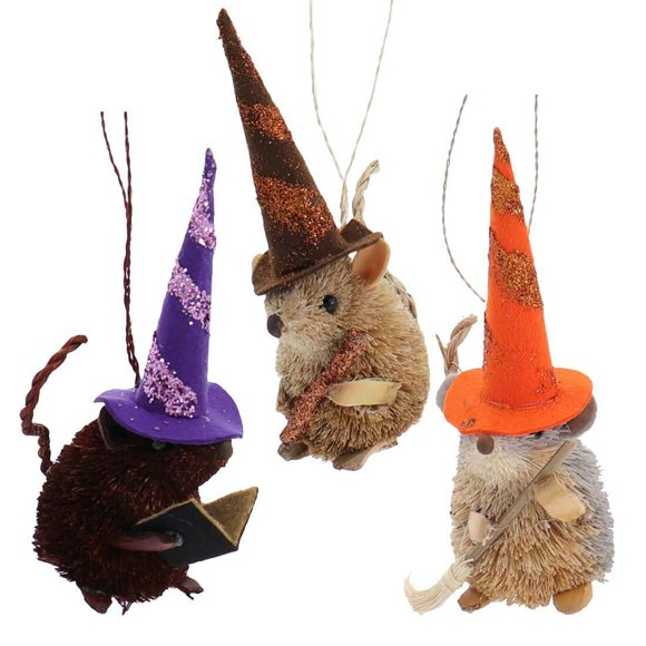 Kurt Adler 3 pc Buri Bristle Witch Mice Halloween Ornaments Set 5 in Made in Philippines