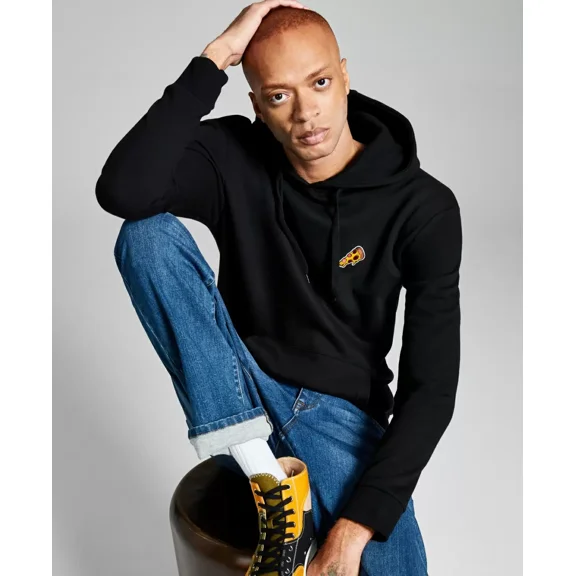 And Now This Men’s Fleece Pizza Patch Hoodie (Black, XL)