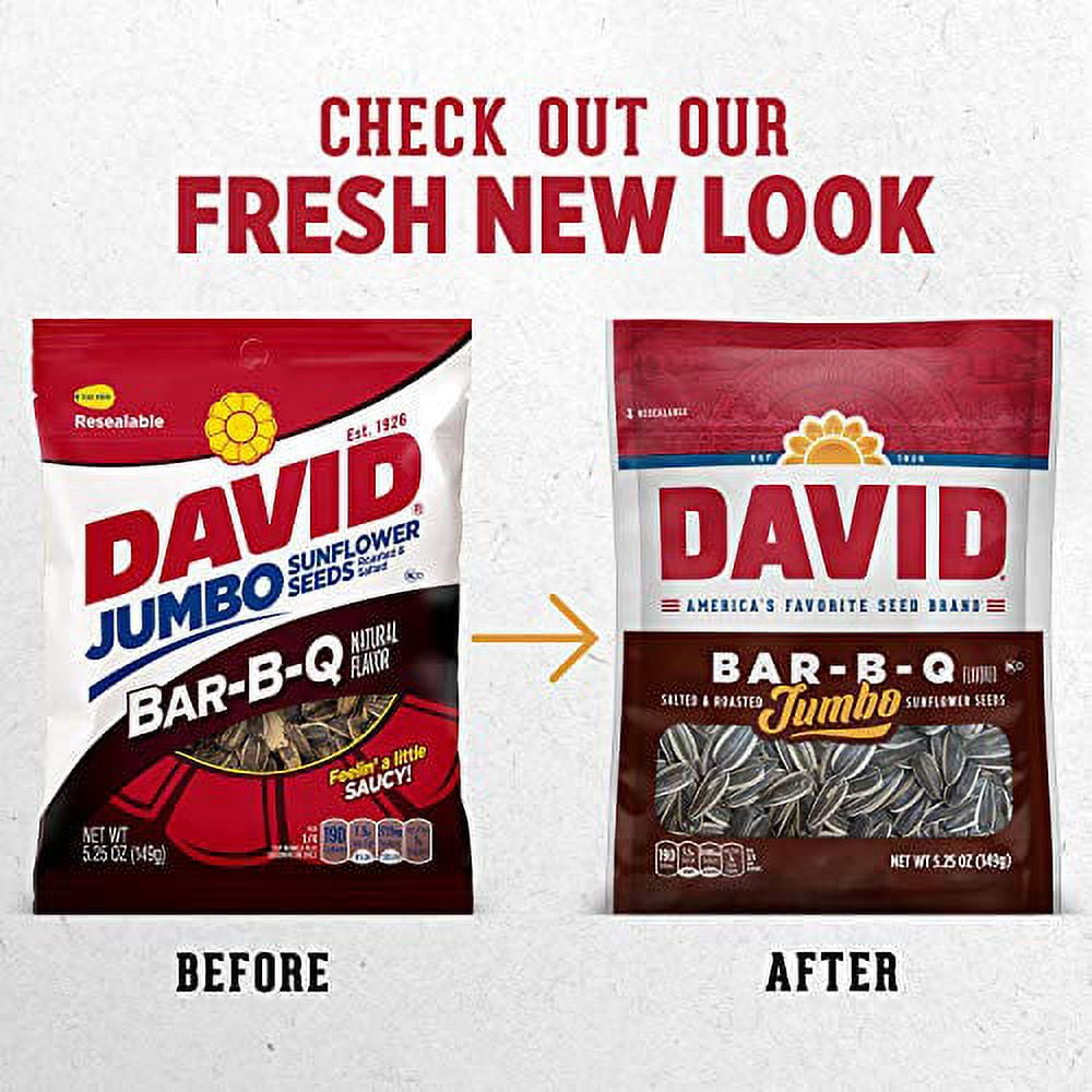 DAVID Roasted and Salted Bar-B-Q Jumbo Sunflower Seeds, Keto Friendly, 5.25 Oz [6-Bags]