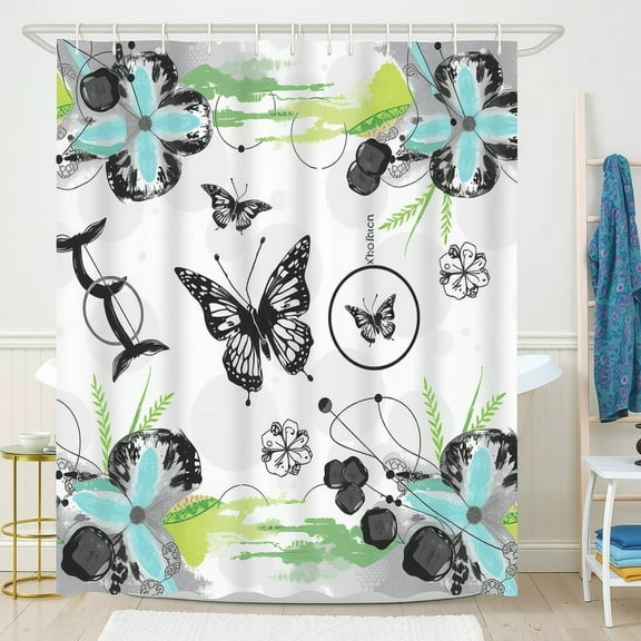 Whimsical Black & White Butterfly Shower Curtain with Teal & Accents