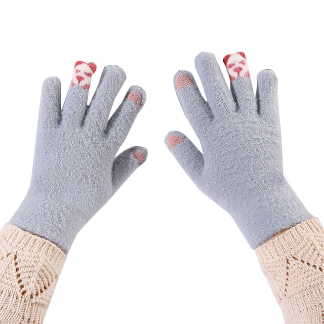 Cute Panda Winter Knitted For Touchscreen Riding Five Finger Thermal Mittens Windproof Cold Weather