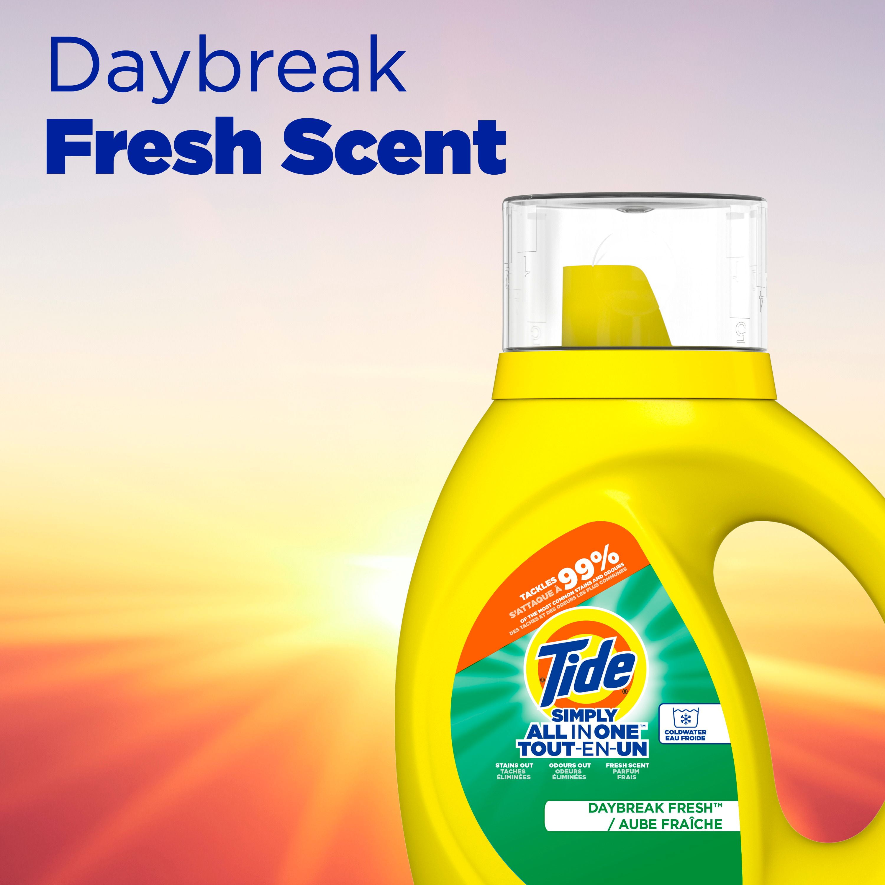 Détergent à lessive liquide Tide Simply Tout-en-un, parfum Aube fraîche, 24 brassées, 946 mL