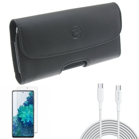 6ft Long Type-C Cable & Case Belt Clip & Screen Protector for Samsung Galaxy S20 Fan Edition - PD Fast Charger Cord Power   Leather Holster   Anti-Glare Tempered Glass Combo