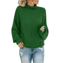Green Cotton Tops Turtleneck Big & Tall Women's Pullover Sweater, Women's Knitted Sweater Women's Clothing Thick Thread High Neck Pullover Sweater Women