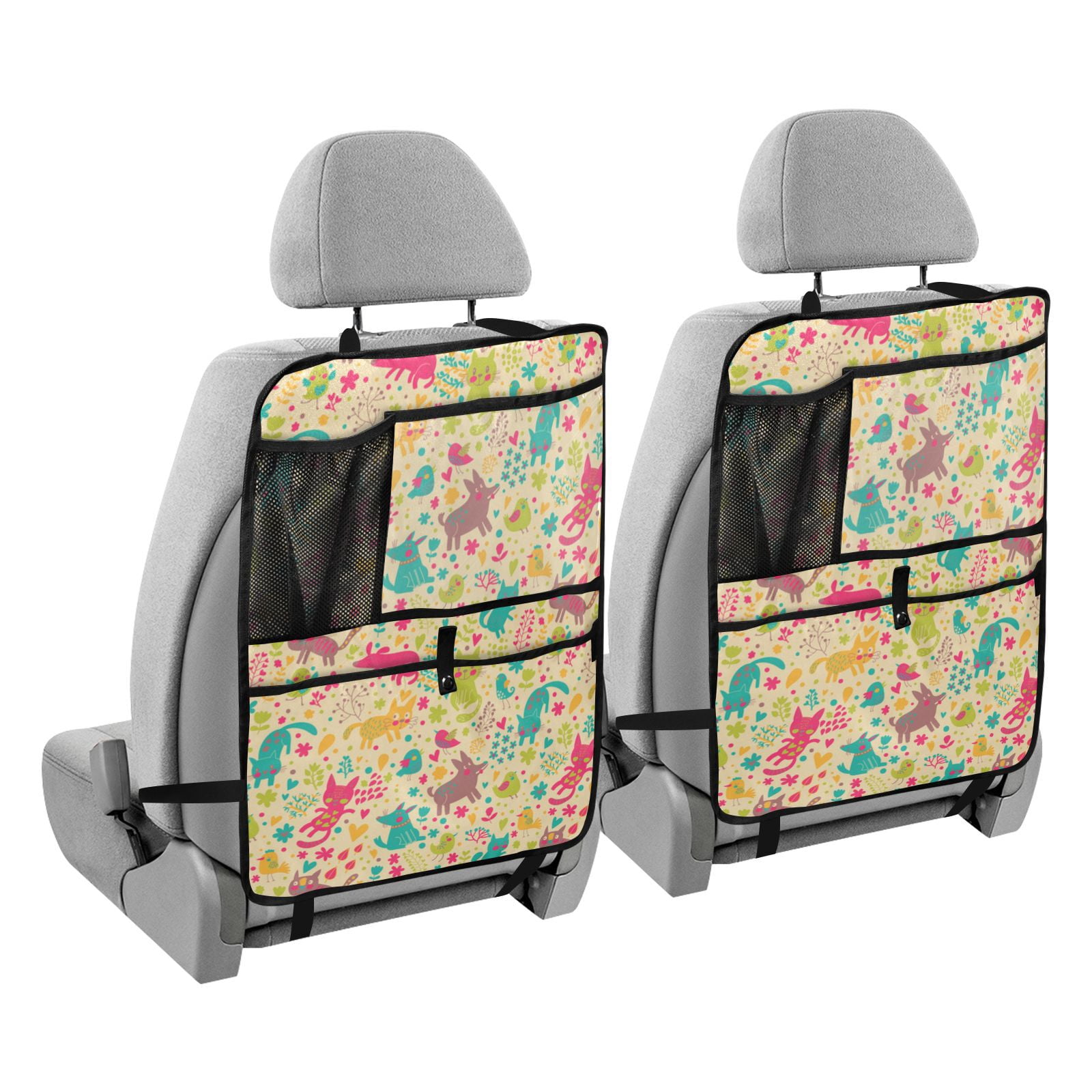 Cute animal floral pattern Back Seat Cover + Pocket Storage Organizer, 99 Pack Multifunctional Kick Mats Backseat Protector