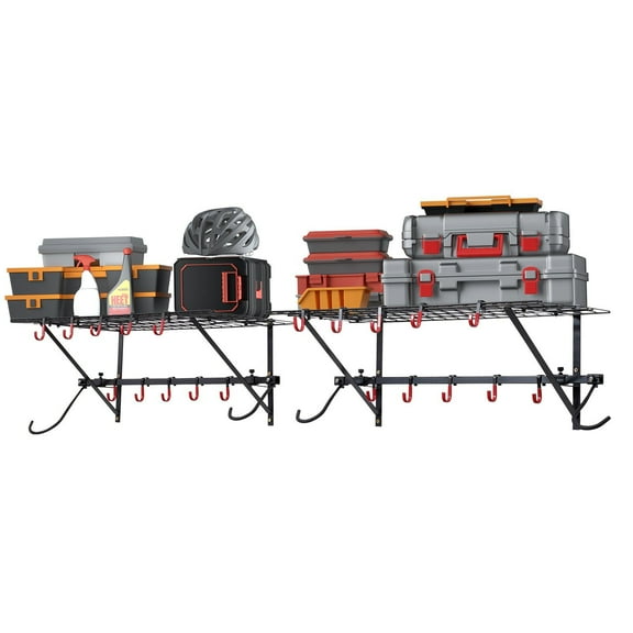 STAWAY Wall-Mounted Bike Storage Rack - Heavy Duty 500 lbs Capacity for 4 Bicycles with Adjustable Hooks & 2 Shelves - Ideal for Mountain, Road & Fat Bikes - Easy Installation