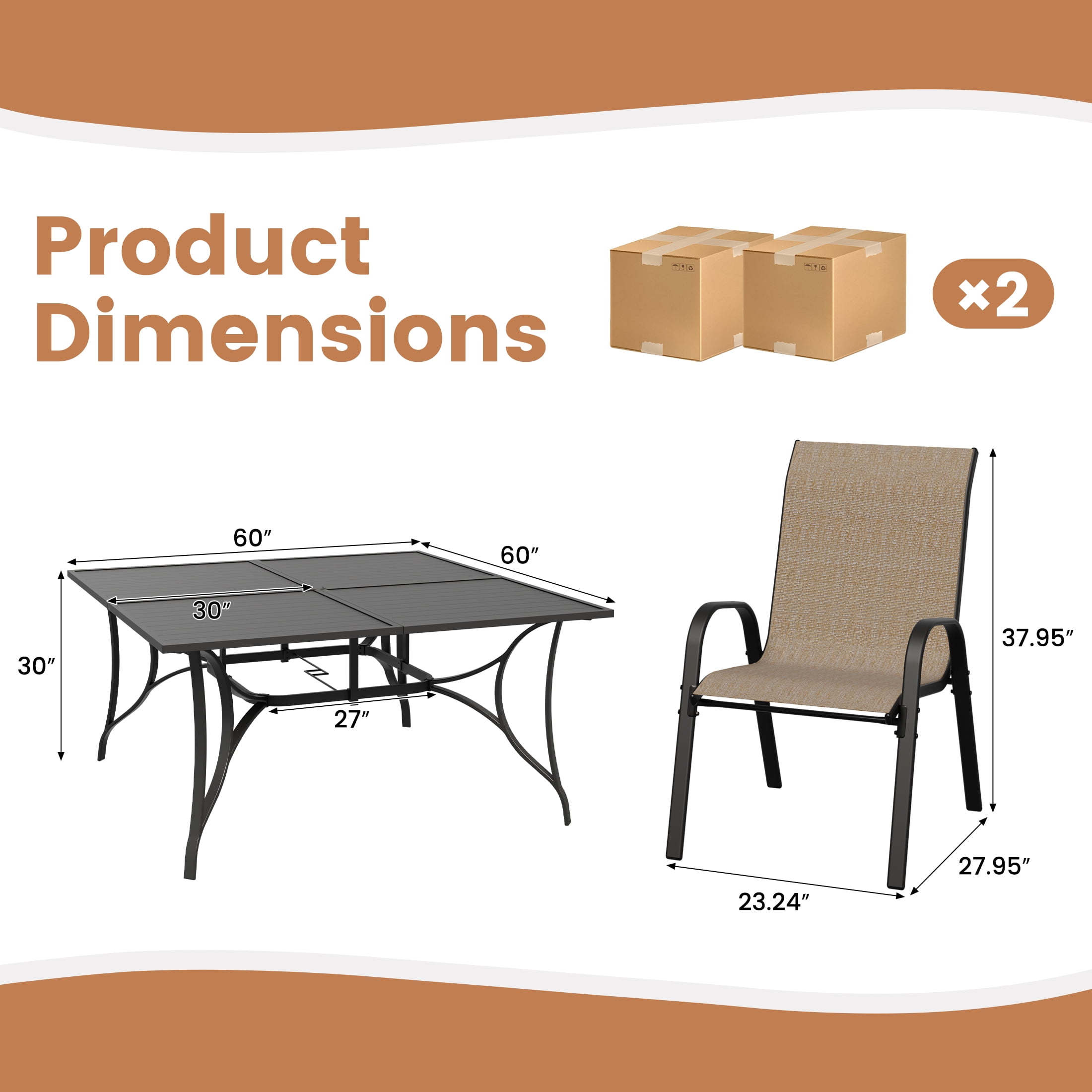 ELPOSUN 9-Piece Outdoor Patio Dining Set, 8 Textilene Chairs & Large Square Steel Table with Umbrella Hole, All-Weather Furniture for Garden, Balcony,Khaki