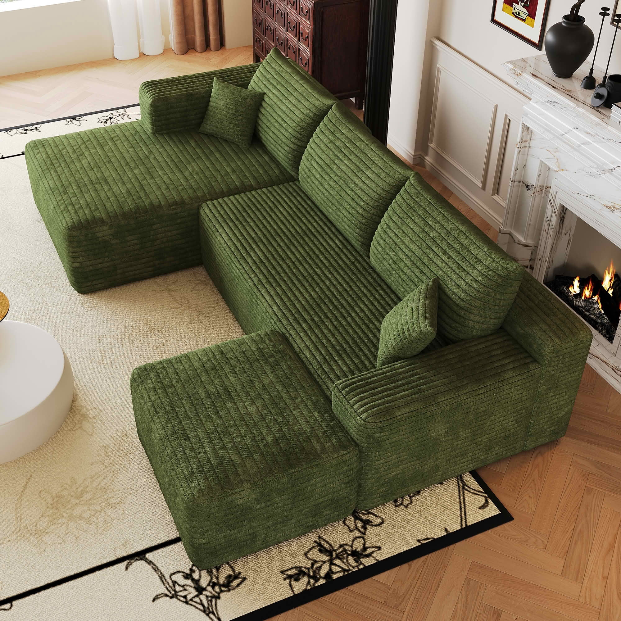 MAYEERTY 103 Inch L‑Shaped Cloud Sectional Sofa with 1 Ottoman, Modern Minimalist Deep‑Seat Corner Couch, Plush Corduroy Upholstered Reversible Sofa, No‑Assembly Required for Living Room Apartment