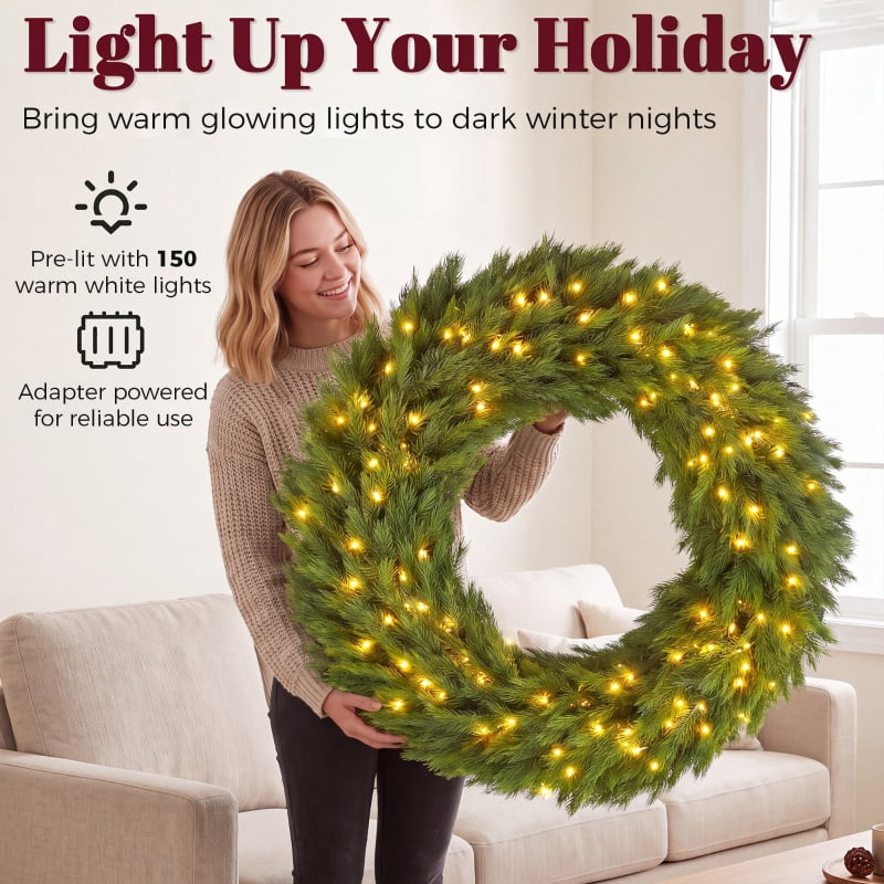 Alvantor Christmas Wreath Pre-Lit Norwegian Spruce with 150 LED Lights for Door 48"x48"x7" Green