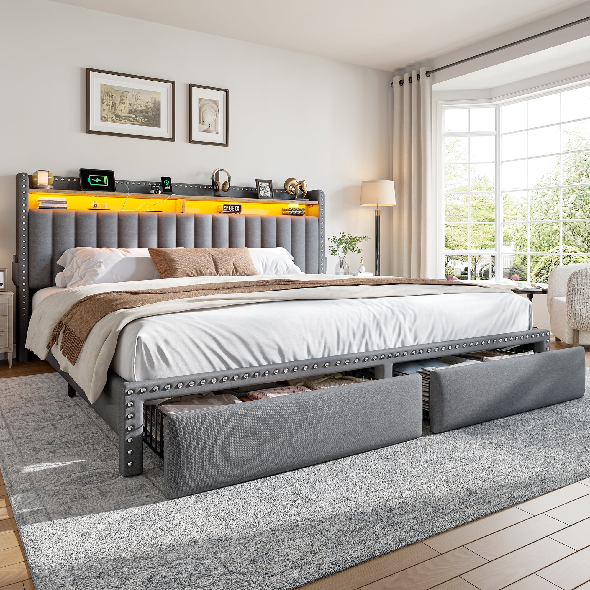 EnHomee King Size Bed Frame with 2 Drawers & 2-Tier Storage Shelf Upholstered Bed Frame King with Headboard King Bed Frame with Storage & LED Lights & Charge Station, No Box Spring Needed, Gray