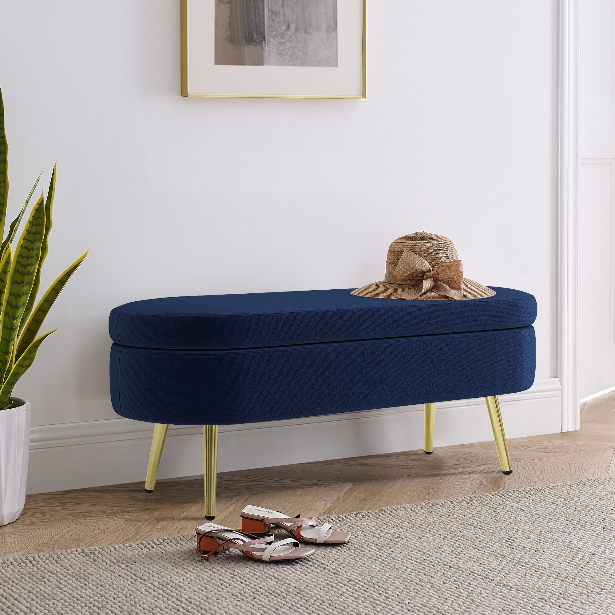 Oval Flannel Storage Ottoman Bench, Upholstered Footstool with Metal Legs, 43.5"x16"x16", 250lbs Capacity for Home Decor