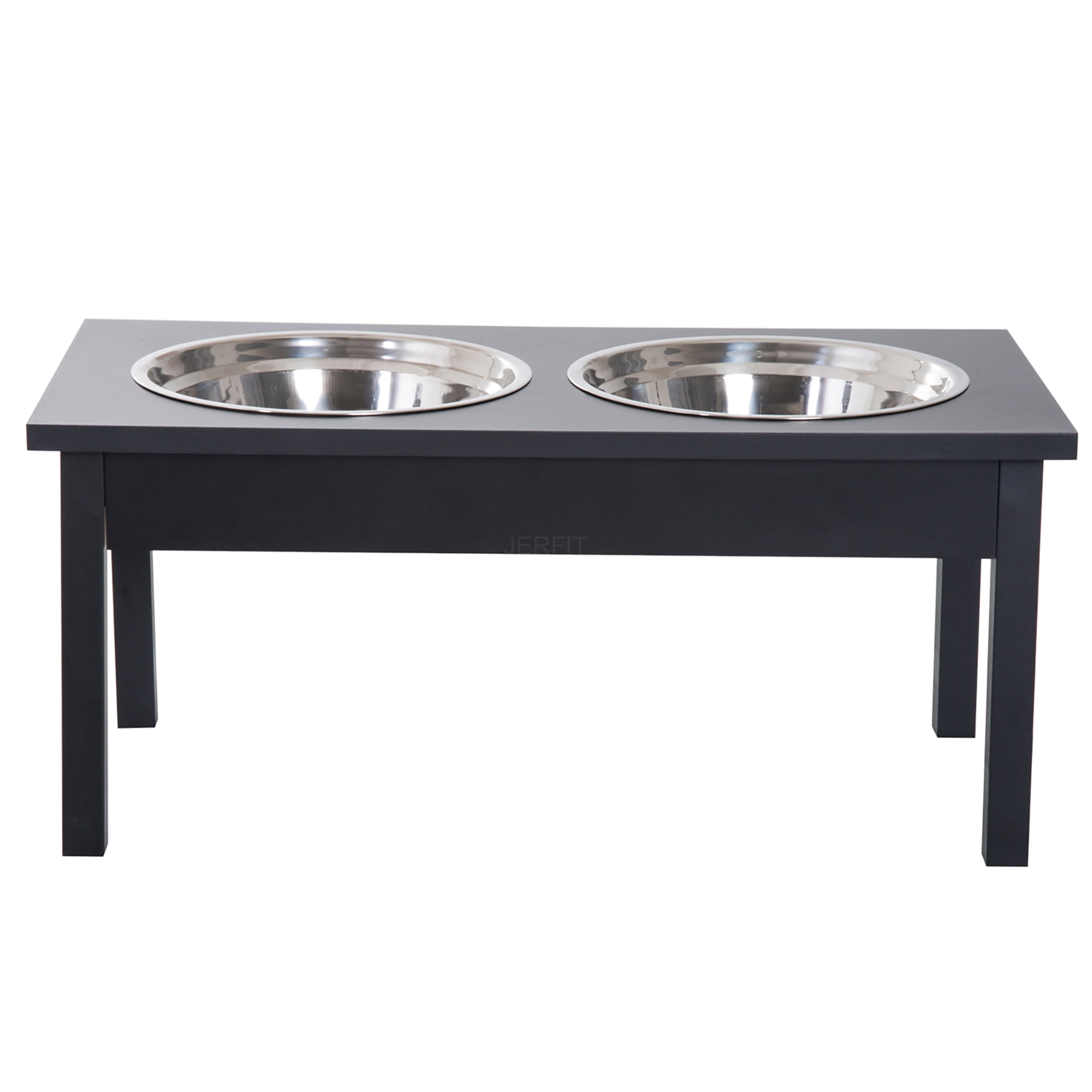 JERFIT 23 Inch Elevated Dog Feeder Stand with 2 Stainless Steel Bowls, Anti-Slip Pet Dining Station for Improved Digestion, Wooden Raised Food & Water Bowl Holder for Medium Large Dogs, Black